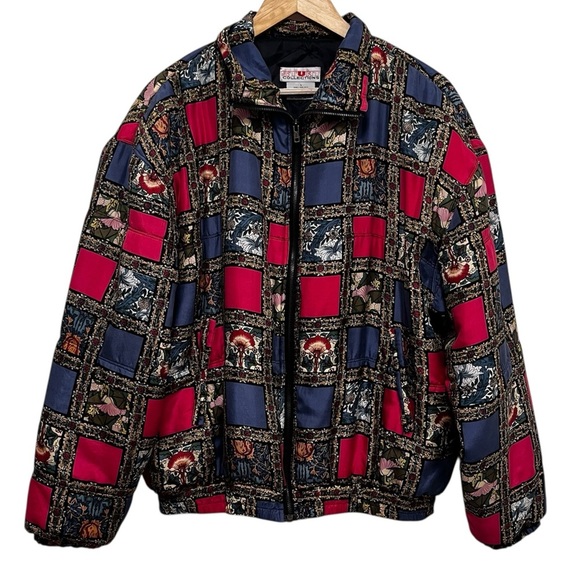 VINTAGE 100% Silk Puffer Coat By Stunt Collections Stain Glass Look Size Large - Picture 1 of 7